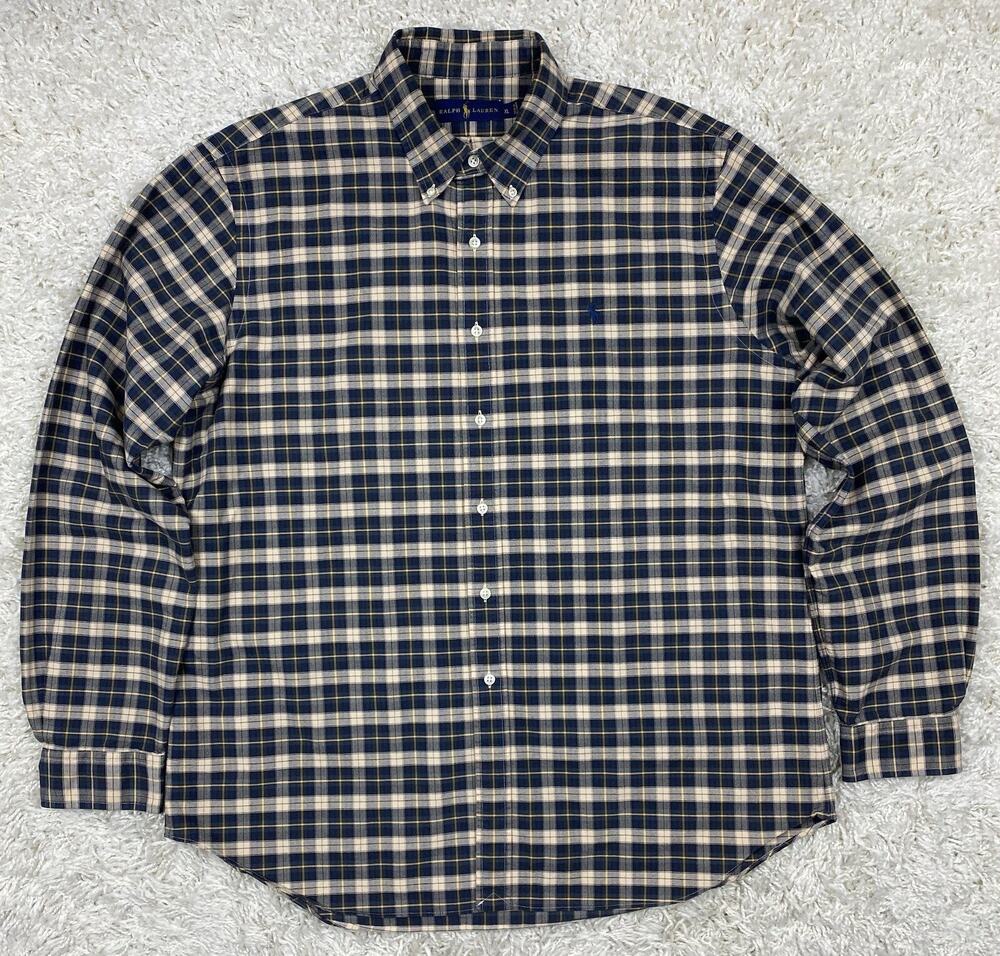Ralph Lauren Plaid Shirt Men's XL Navy Tan Yellow Long Sleeve Button-Down